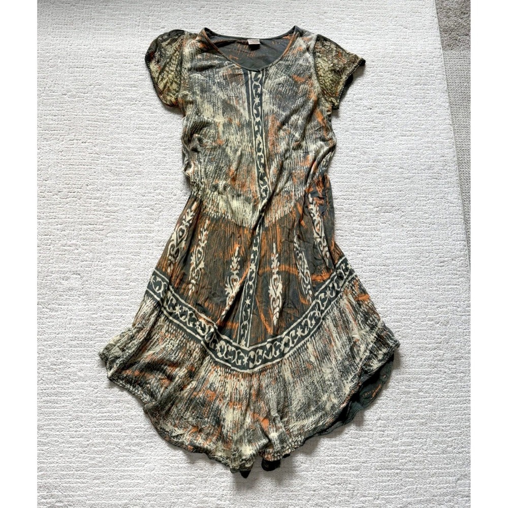 Vintage Advance Apparels Cotton Tie Dye Dress Orange Olive Free Size Boho Hippie